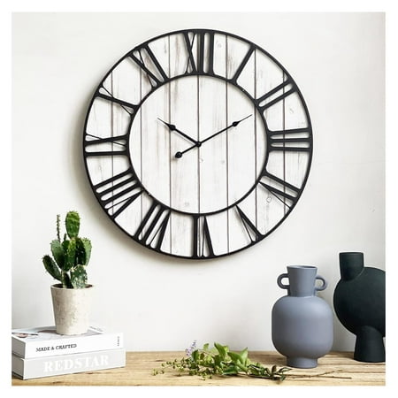 24 Inch Large Farmhouse Wood Shiplap Wall Clock, Rustic Solid Wood Plank with Metal Frame, Non-Ticking Silent Movement Wall Clock for Home,Kitchen,Living Room,Battery Operated (Whitewash)