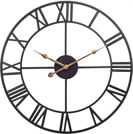 24 Inch Large Wall Clock, Silent Non Ticking Battery Operated Industrial Wall Clock with Roman Numerals, Vintage Metal Round Decorative Indoor Outdoor Clock for Living Room, Kitchen, Patio - Black