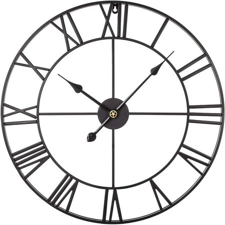 24 Inch Metal Wall Clock Large Decorative Rustic Farmhouse Oversized Silent Non-Ticking Battery Operated Kitchen Bedroom Living Room Wall Clock Large Decorative (Black)