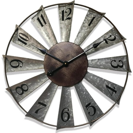 24 Inch Modern Farmhouse Clock Large Metal Windmill Clock for Walls Indoor Outdoor Home,Galvanized Metal Decor Wall Clock Distressed