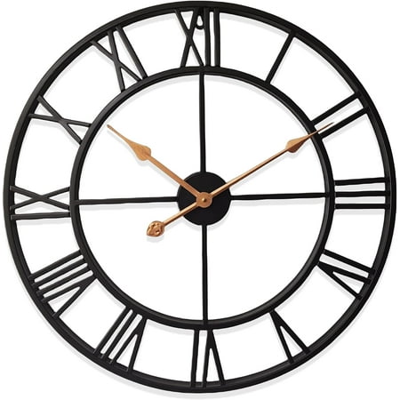 24 Inch Thicker Metal Large Wall Clock Home Decorative Industrial Clocks with Big Roman Numerals,Retro Oversized Clock for Living Room Decor,Battery Operated(Black-Roman)