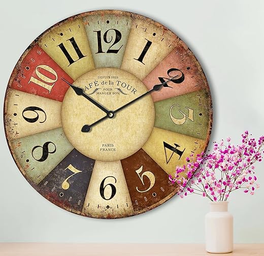 24 Inch Vintage Wall Clocks French Style Retro Wall Clock Large Farmhouse Clocks Retro Colorful Wall Clock Decorative Battery Operated Silent Scan Non-Ticking for Home Living Room Bedroom