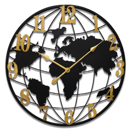 24inch World Map Metal Wall Clocks Morden Large Decorative Clock Oversized Farmhouse Decor,Non ticking,Battery Operated