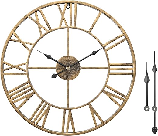 24 Large Gold Roman Numeral Wall Clock, Silent Battery Operated Big Metal Decorative Wall Clocks for Living Room Farmhouse