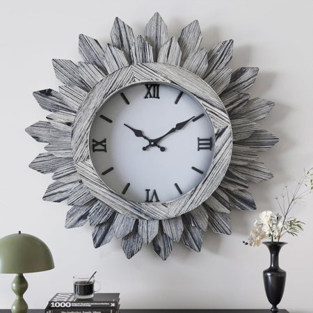 24'' Large Wall Clock for Living Room Deco Boho Sunburst Decorative Big Oversized Silent Battery Operated Farmhouse Wood Wall Clock for Office Home Dinning Room Bedroom Kitchen, Tricolor