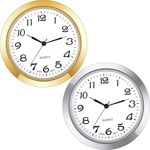 2 Pack 1-7/16 Inch Round Clock Insert Gold Clock Face Metal Wall Clock Silver Mini Clock with Arabic Numerals Easy to Read Home Office Clock, Gold and Silver Bezel