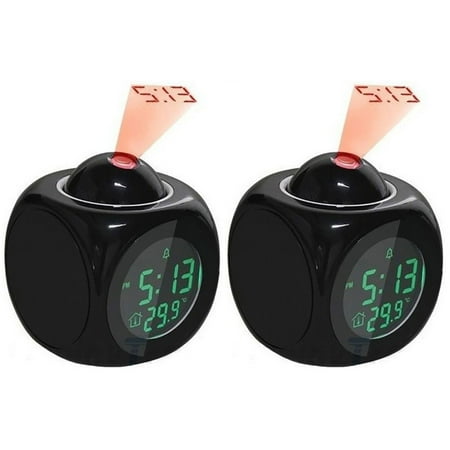 2pcs Multifunctional Projection Alarm Clock with LED Voice Talking Function Digital Alarm Clock 12 /24 Hour With Snooze Hourly Chime (Black)