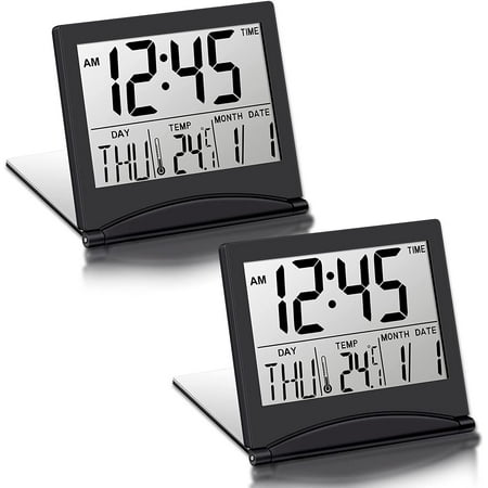 2 Pieces Digital Travel Alarm Clock Battery Operated Foldable LCD Clock with Calendar Temperature Snooze Mode Multifunction Small Desk Clock Portable Clock Large Display Desk Clock(Black)