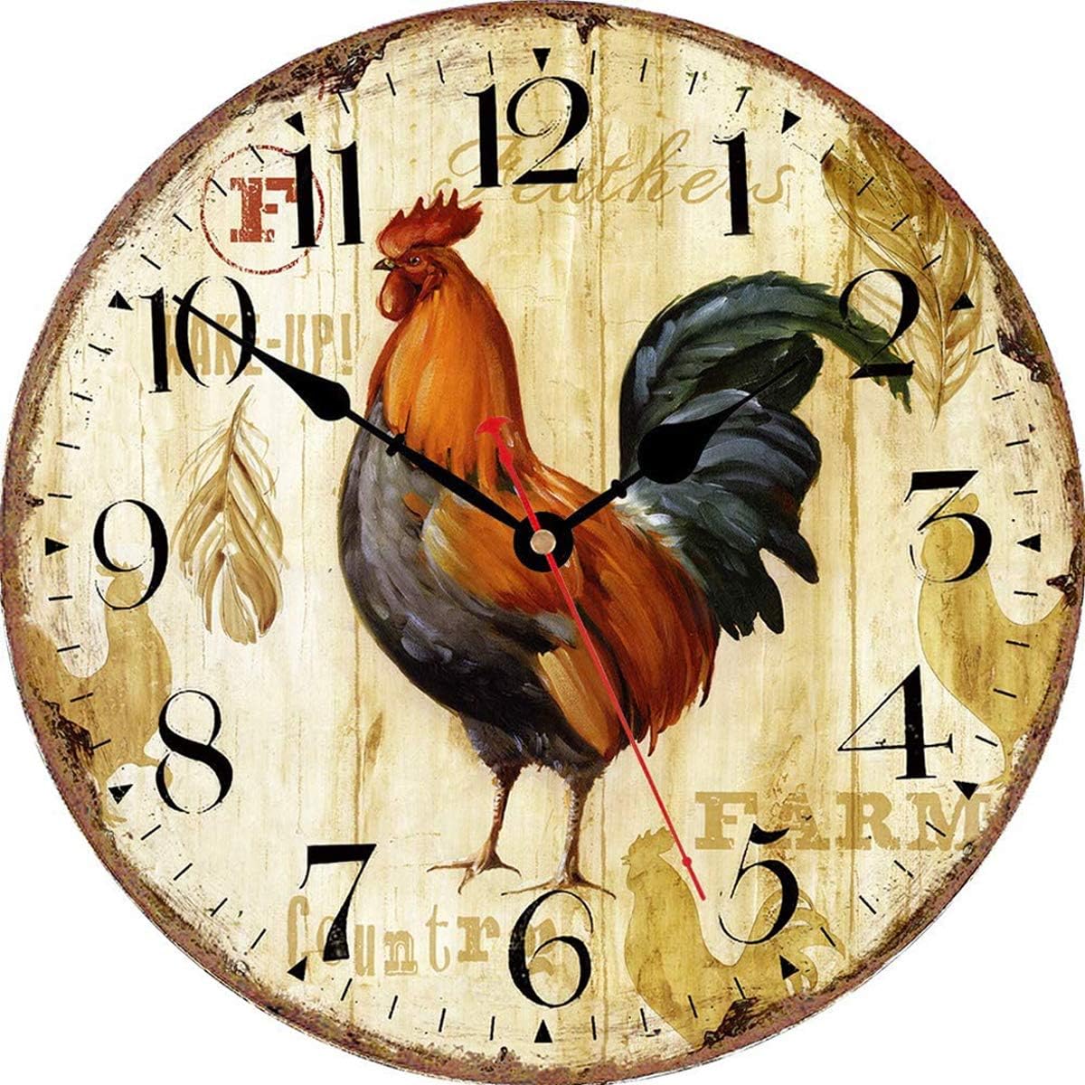 30cm Rooster Analog Clock for Dinning Living Room,Vintage Farmhouse Kitchen Wall Clock