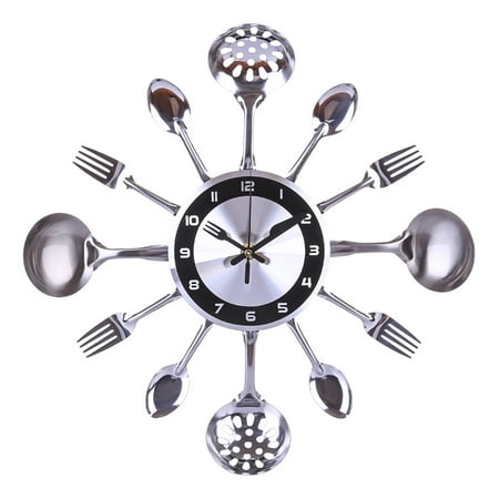 31-41cm Stainless Steel Kitchen Spoon Fork Clock Silent Wall Clock Living Room Decor Mediterranean Style Home Decoration- Silver ,Easy to Read Numerals