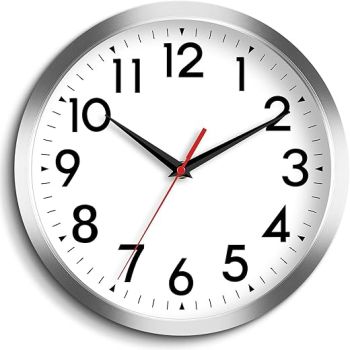 12 Inch Wall Clock, Wall Clocks Battery Operated, Silent Non-Ticking Analog Clock Decorative for Office, Kitchen, Outdoor, Living Room, Classroom, Bedroom, Bathroom, School(Silver)