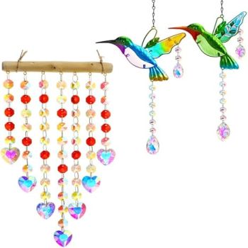 2PCS Hummingbird Suncatchers and Heart Shaped Crystal Prisms Hanging Window Sun catcher