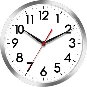 AKCISOT Wall Clock 10 Inch Silent Wall Clocks Battery Operated Non Ticking - Modern Silver Clock Decorative for Kitchen, Bathroom, Bedroom, Living Room, Office, Home(Silver)