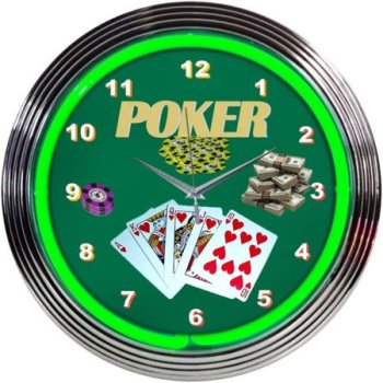 Bar and Game Room Poker Neon Wall Clock 15-Inch, Chrome rim with a single ring of green neon