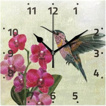 BESTKITTY Humming Bird and Orchids Wall Clock Square Silent Non-Ticking [Battery Operated] Easy to Read Clocks for Home Kitchen Office Classroom Living Room Bedroom