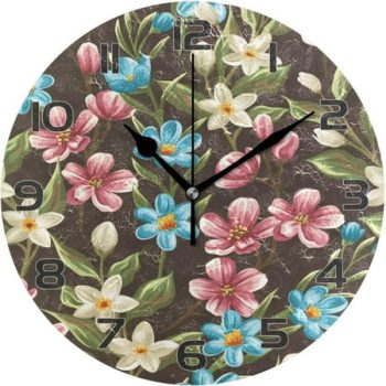 BESTKITTY Orchid Forget Me Not Round Wall Clock, 9.84 inch Silent Wall Clock for Bedroom, Bathroom, Office, Living Room Decoration