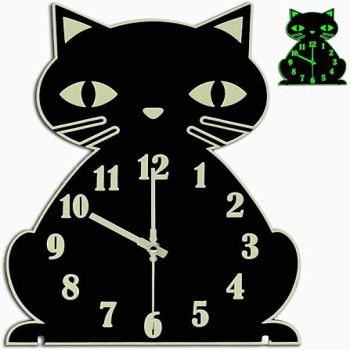 Cat Wall Clock Night Light - Silent Non-Ticking Glow in The Dark Clock for Bedroom Living Room Classroom Decor,Cute Unique Gifts for Kids,Cat Lovers,Black