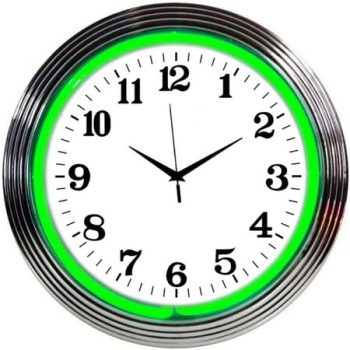 Codllyne Bar and Game Room Neon Alphanumeric Wall Clock with Green Neon and Chrome Rim, 15-Inch, Chrome rim with a single ring of green neon By Brand Codllyne