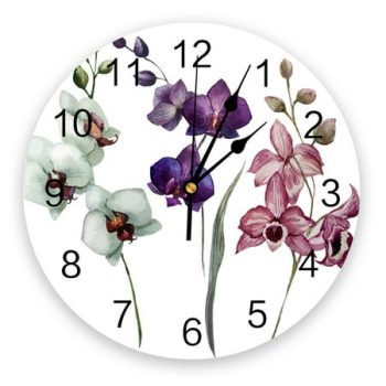 Colorful Orchid Flower Plant Art Print Wall Clock Wall Art Silent Non ticking Round Wall Watch for Home rtaion Best Gift