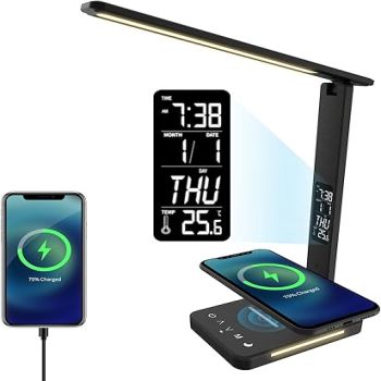 Desk Light, LED Desk Lamp with Wireless Charger Desk Light for Home Office Dimmable Eye-Protecting Desk Light with Night Light Digital Alarm Clock Temperature Black