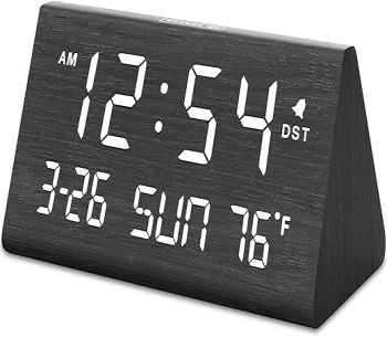 DreamSky Digital Alarm Clocks for Bedrooms - Wooden Desk Clock with Date, Day of Week, USB Port, Temperature, Dimmer for Bedside Table, Living Room, Office, Adjustable Volume, Auto DST, Wood Decor