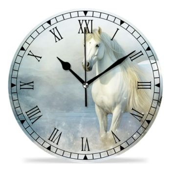 erolrail Rustic Wall Clock,Silent Non Ticking Wall Clocks for Living Room,Bedroom,Kitchen 12IN White Snow Horse Elegant