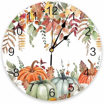 Fall Round Wall Clock 10 Inch Bedroom, Watercolor Pumpkins and Leaves Fall Botanical Silent Battery Operated Non Ticking Wall Clocks with Large Numbers Easy to Read for Home, Living Room, Thanksgiving