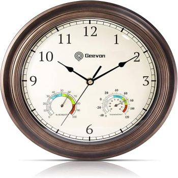 Geevon 12 Vintage Wall Clock Non Ticking with Hygrometer and Thermometer Combo,Battery Operated Quartz Decorative Wall Clocks for Home,Living Room,Office,Classroom,Kitchen,Bedroom Decor