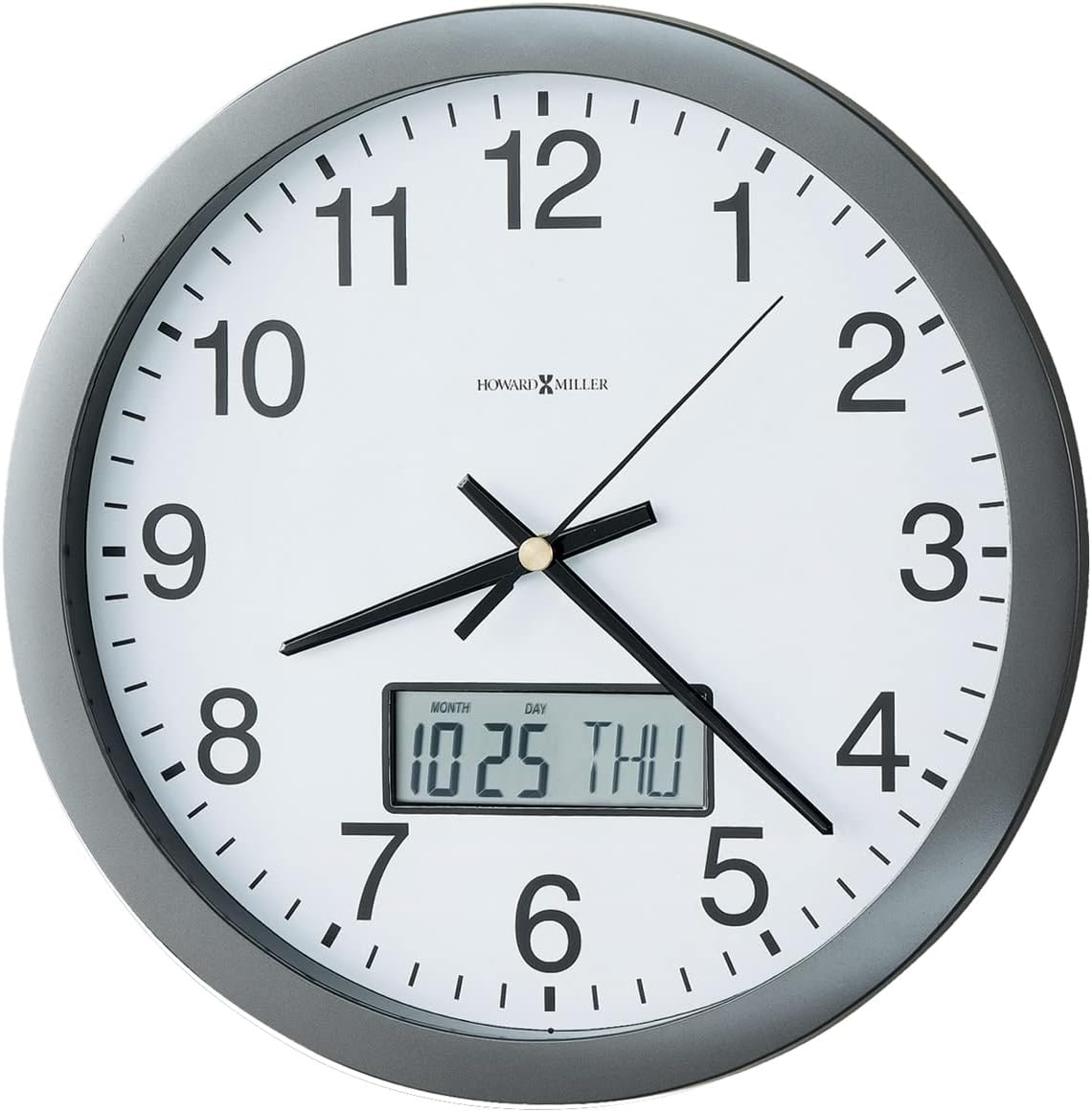 Howard Miller Chronicle Wall Clock 625-195 – Modern Metallic Grey, Flat Bezel Framing, Displays LCD Calendar (Month, Day, Day of Week), Quartz Movement