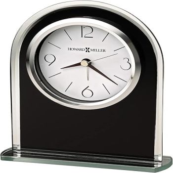 Howard Miller Ebony Luster Table Clock 645-702 – Modern Decor, Black Glass Arch, Silver Mirrored Edge & Base, Black Hour Markers, Quartz Alarm Movement