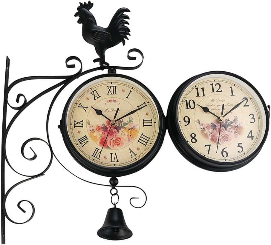 ikasus Double Sided Wall Clock 7.3in Vintage Wrought Iron Wall Clock Hanging Clocks European Style Train Station Clocks Decor Patio Garden Home Living Room Bedroom