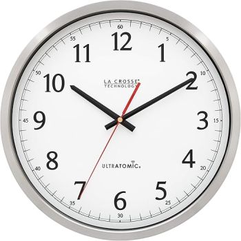 La Crosse Technology 404-1235UA-PL UltrAtomic 14 inch Stainless Steel Wall Clock, Shatterproof Lens, Silver