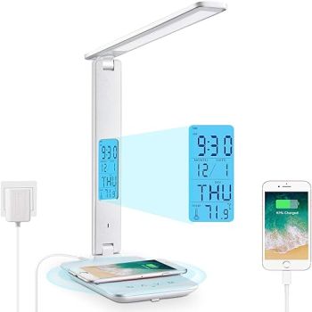 LAOPAO LED Desk Lamp with Wireless Charger, USB Charging Port, Adjustable Foldable ​Table Lamp with Clock, Alarm, Date, Temperature, 5-Level Dimmable ​Lighting​, Office Lamp with Adapter