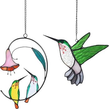 Lolitarcrafts Cute Hummingbird Stained Glass Suncatcher Bird Stained Glass Window Hangings Hummingbird Gift for Mom