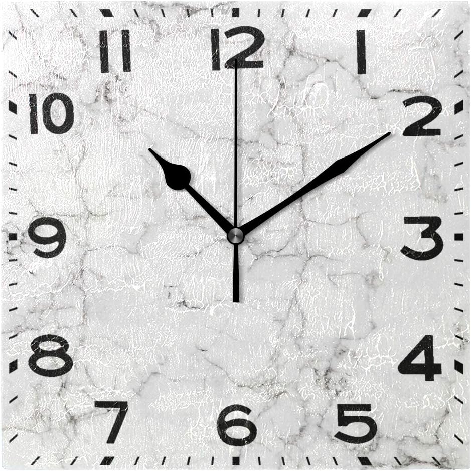 Naanle Chic 3D White Marble Stone Print Square Wall Clock, 8 Inch Battery Operated Quartz Analog Quiet Desk Clock for Home,Office,School