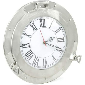 Nagina International Brushed Nickel Aluminum Metal Roman Porthole Clock | Nautical Navy Decor Gifts (12 Inches)