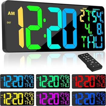 [Oversized] 18 Digital Wall Clock Large Display, 11 RGB Color Changing Large Digital Wall Clock with Remote, Date, DST, Temperature, Auto Brightness Digital Alarm Clock for All Large Spaces Use