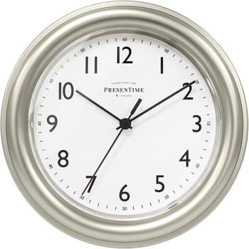 Presentime & Co. 8.5 Modern Farmhouse Essential Wall Clock, Silent non Ticking, Morning Silver Color. (Wall Clock for Office, Home, Bathroom, Kitchen, Bedroom, and School)