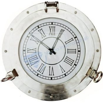 Refined Sophistication: The 20-Inch Nickel Polished Aluminum Porthole Clock, Exquisite Round Ears, and White Roman Dial