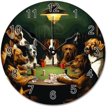 Round Hanging Clock,Dog Playing Poker Wall Clock Silent Non Ticking Decorative Home Clocks for Living Room Bedrooms Wall Clock Round,12 Inch