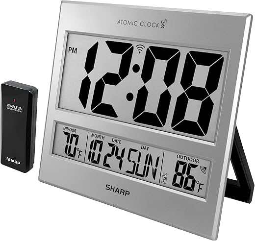 Sharp Atomic Clock - Atomic Accuracy - Never Needs Setting! -Silver Tech Style - Jumbo 3 Easy to Read Numbers - Indoor/Outdoor Temperature Display with Wireless Outdoor Sensor - Easy Set-Up!