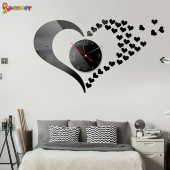 Spencer 3D Modern Large Mirror Surface Wall Clock, Heart Shape DIY Mute Frameless Wall Clock Sticker for Home Bedroom Living Room