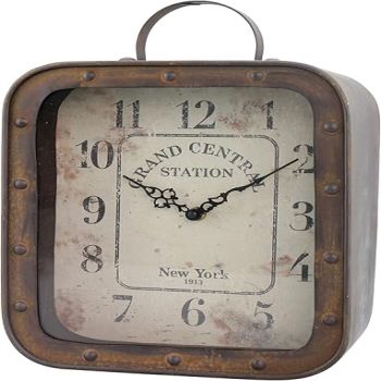 Stonebriar Large Square Rustic Metal Table Top Clock with Handle and Rivet Detail, Industrial Home Decor Accents for the Mantel, Shelf, Desk, or Any Table Top, Battery Operated