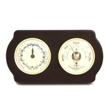 Tide Clock and Barometer with Thermometer on Ash Wood with Brass Bezel. Wall Mounts Vertically or Horizontally.