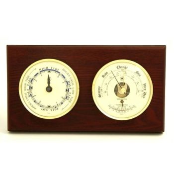 Tide Clock and Barometer with Thermometer on Mahogany Wood with Brass Bezel. Wall Mounts Vertically or Horizontally.