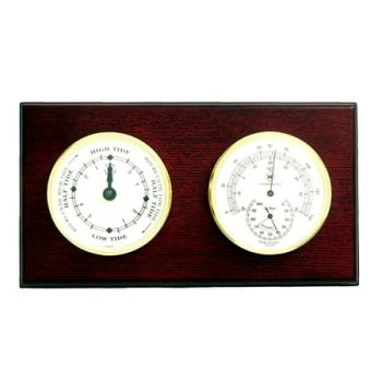 Tide Clock and Thermometer with Hygrometer on Mahogany Wood with Brass Bezel. Wall Mounts Vertically or Horizontally.