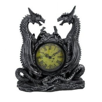 Twin Evil Dragons Antiqued Mantel Clock Table Desk