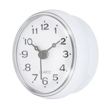 Waterproof Bathroom Shower Clock Mini Round Wall Clocks with Suction Cup, White