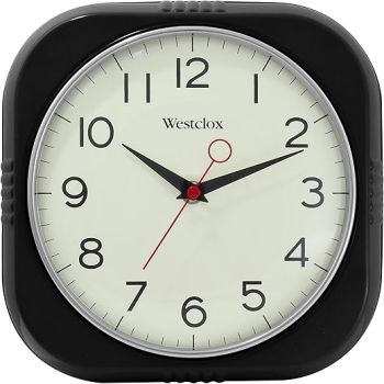 Westclox Retro Wall Clock Vintage 1950s Vintage Wall Clock for Retro Kitchen Decor with Large 9.5 Display & Quiet Ticking | 50's Mid Century Retro Clock for Kitchen or Living Room | Black/Square