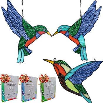 XL Stained Glass Window Hanging Sun Catchers Birds Vivid Real Stain Glass Light Catchers with Hangers Hummingbird Stained Glass Birds Suncatchers for Windows, Handcrafted Stained Glass